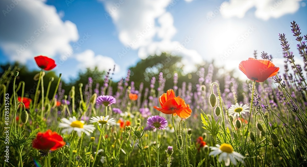 Naklejka premium A vibrant field of colorful flowers with a blue sky and white clouds as the background.