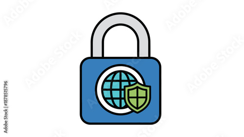 Secure global network illustration showcasing protection and safety features with a blue padlock icon