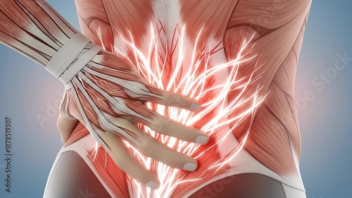 Detailed anatomical illustration showing the muscles and nerves of the lower back experiencing pain, highlighted with glowing red.