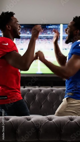 Two excited men in opposing jerseys cheer intensely, watching football on a big TV