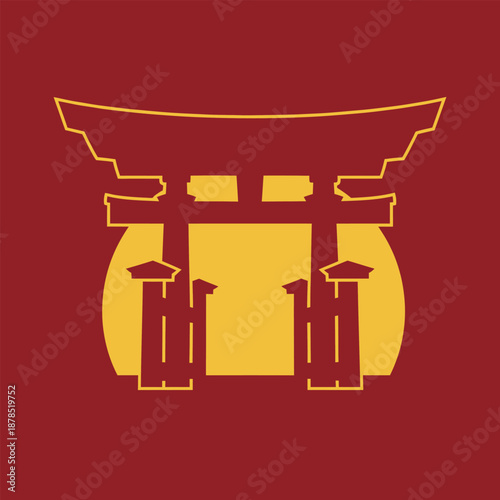 Japanese torii gate silhouette with sun against dark red background