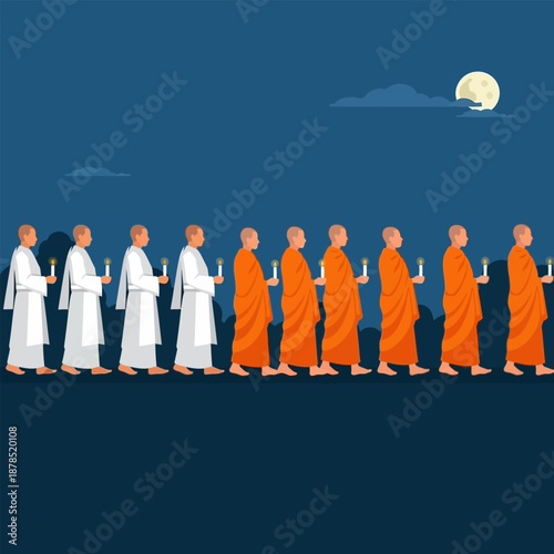 Monks in procession at night holding candles under a full moon sky
