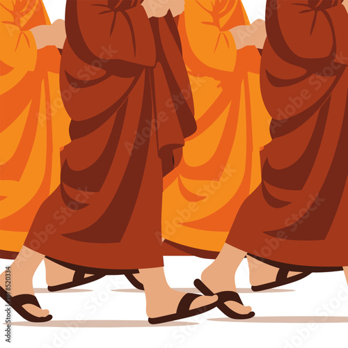 Monks in orange and brown robes walking in a line together outdoors