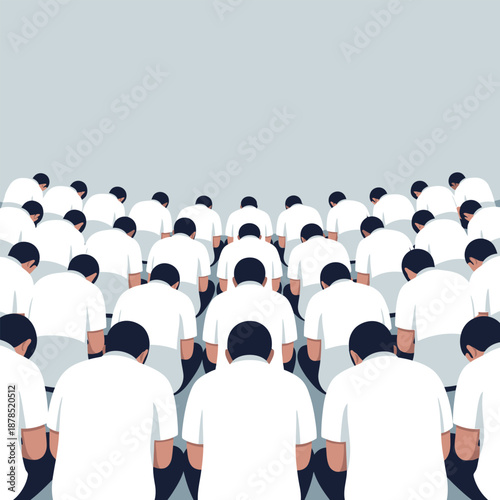 Crowd of people in white shirts bowing heads in unison, religious or spiritual gathering
