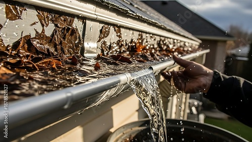 A heavily clogged residential gutter overflowing with water and a large accumulation of wet autumn leaves, as a hand reaches to inspect the blockage.