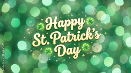 Happy st patrick's day festive greeting with cheerful lettering and decorative shamrocks on a vibrant green background