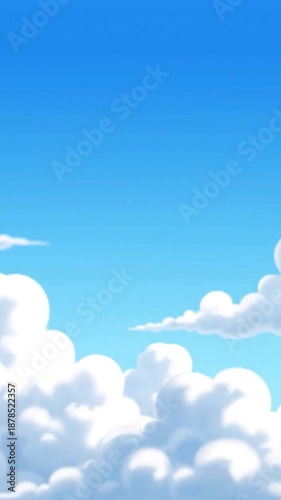 Detailed description of a vibrant cartoon blue sky filled with fluffy white cumulus clouds