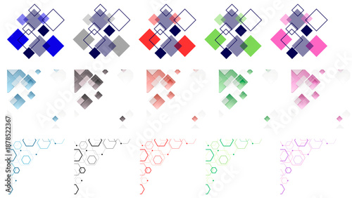 Collection of abstract geometric graphic design elements featuring overlapping colorful squares diamonds and hexagons in various arrangements on transparent background