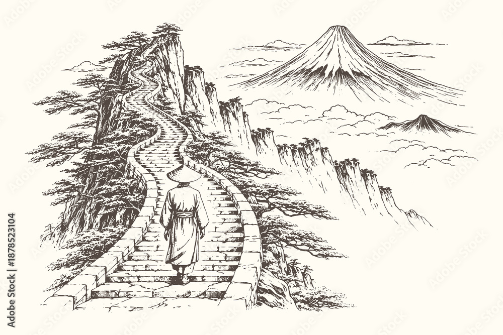 Naklejka premium Intricate black-and-white vector illustration of a winding mountain wall reminiscent of ancient fortifications, illustrated in classic engraving style with dramatic terrain.