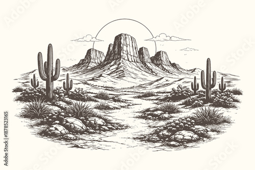 Vintage-style black-and-white vector illustration of a desert mesa with cacti and open plains, inspired by engraving techniques for western outdoor scenery.