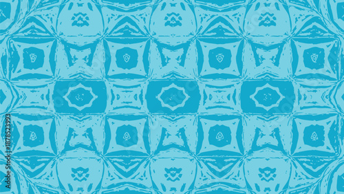 Vibrant seamless pattern featuring abstract geometric kaleidoscope design in various shades of bright cyan blue