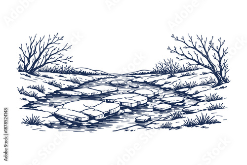 Cracked melting glacier ice landscape symbolizing polar climate change, cold arctic environment hand drawn engraving style vector illustration