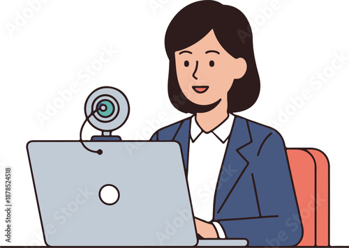 Online Meeting Woman Video Call Remote Work Business Concept, Flat Cartoon Illustration Style