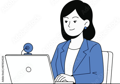 Online Meeting Woman Video Call Remote Work Business Concept, Flat Cartoon Illustration Style