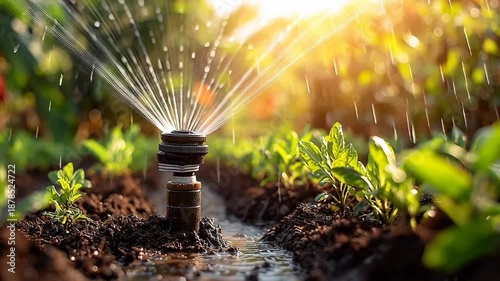 Sprinkler watering plants in a lush garden with sunlight shining through the water droplets in a serene outdoor setting