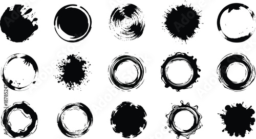 Collection of fifteen distinct black ink stamp effect circles and grunge paint splatter brush stroke graphic design elements isolated on white