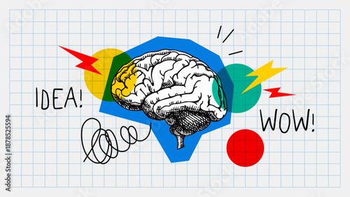 Trendy collage of sketch brain with doodles. Education, university, school, psychology, mental health, coaching, e-learning, wellness concept. Hand drawn vector illustration.