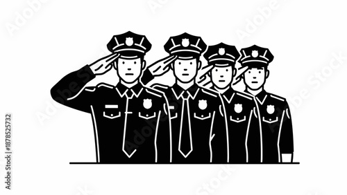 Group of four police officers in uniform saluting, representing law enforcement and public service