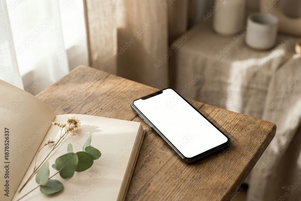 Fototapeta premium Smartphone mockup with blank screen on wooden table