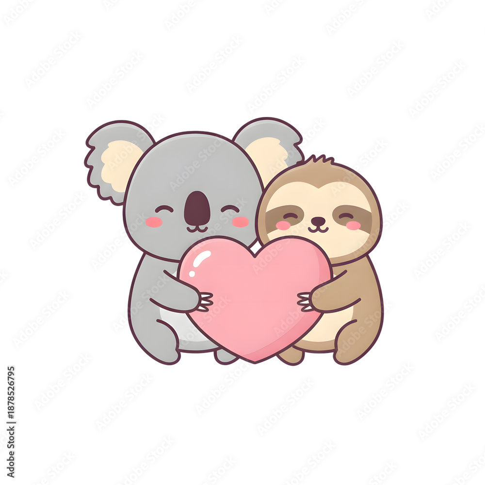 Fototapeta premium Cute koala and sloth holding heart illustration on transparent background
