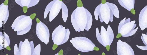Hand drawn vector horizontal seamless pattern with snowdrop flowers on dark background. Elegant botanical design for textile wallpaper wrapping paper stationery