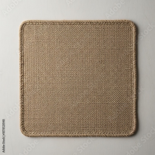 Minimalist textured jute rug with braided border on a neutral surface