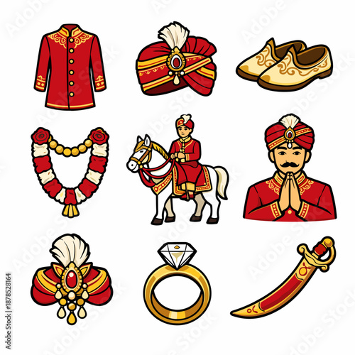 Indian Groom Wedding Elements Vector. Cartoon Illustration of Music and Sweets. Tabla Drums, Mithai Box, Diya Lamp, and Sherwani. Traditional Hindu Marriage Celebration Set.