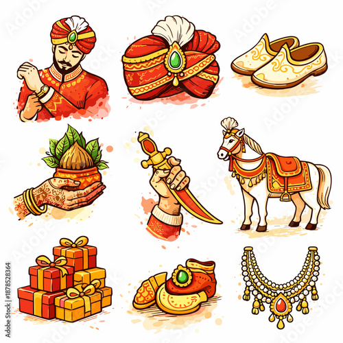 Indian Groom Wedding Accessories Vector Set. Traditional Hindu Marriage Symbols. Hand Drawn Sherwani, Turban, Kirpan Sword, and Horse. Cultural Ceremony Clipart Illustration.