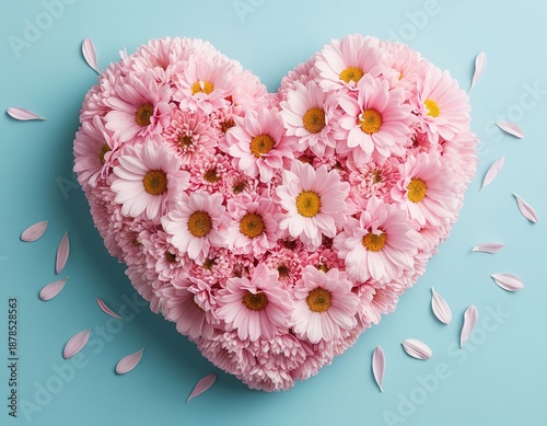 A heart of delicate pink flowers on a blue background. Valentines Day card