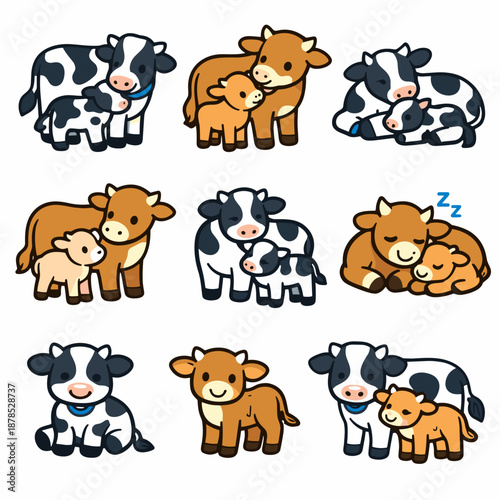 Cute Cow and Calf Vector Clipart Set. Mother and Baby Animal Bonding Mascot Character. Adorable Farm Animal Family Cuddling and Sleeping. Kawaii Nursery Decoration and Sticker.