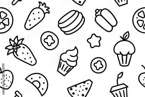 Seamless black and white food-themed doodle pattern with fruits and desserts