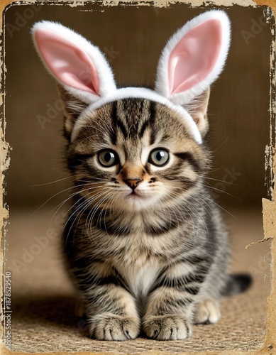 A funny cat with bunny ears on a carnival headband. A cute Easter card
