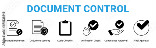 Document Control web banner icon concept,  with Financial Document, Document Security, Audit Checklist, Verification Check, Compliance Approval, Final Approva.