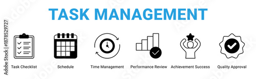 Task Management web banner icon concept,  with Task Checklist, Schedule, Time Management, Performance Review, Achievement Success, Quality Approva.