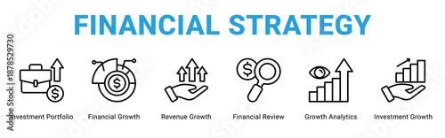 Financial Strategy web banner icon concept,  with Investment Portfolio, Financial Growth, Revenue Growth, Financial Review, Growth Analytics, Investm.