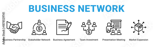 Business Network web banner icon concept,  with Business Partnership, Stakeholder Network, Business Agreement, Team Investment, Presentation Meeting, Market.