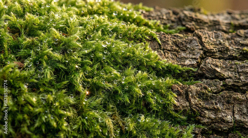 Close-up of vibrant green moss covered in sparkling water droplets on tree bark