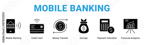 Mobile Banking web banner icon concept,  with Mobile Banking, Credit Card, Money Transfer, Savings, Payment Calculator, Financial Analyti.