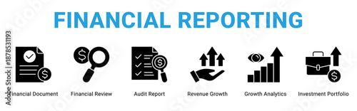 Financial Reporting web banner icon concept,  with Financial Document, Financial Review, Audit Report, Revenue Growth, Growth Analytics, Investment Portfol.