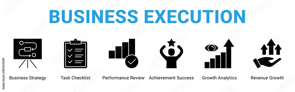 Fototapeta premium Business Execution web banner icon concept, with Business Strategy, Task Checklist, Performance Review, Achievement Success, Growth Analytics, Revenue Growth.