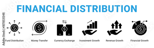 Financial Distribution web banner icon concept,  with Fund Distribution, Money Transfer, Currency Exchange, Investment Growth, Revenue Growth, Financial Growth.