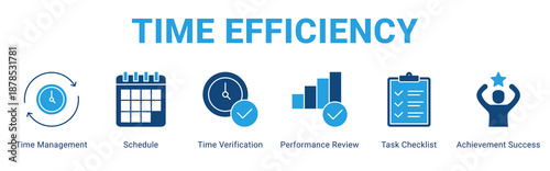 Time Efficiency web banner icon concept,  with Time Management, Schedule, Time Verification, Performance Review, Task Checklist, Achieve.