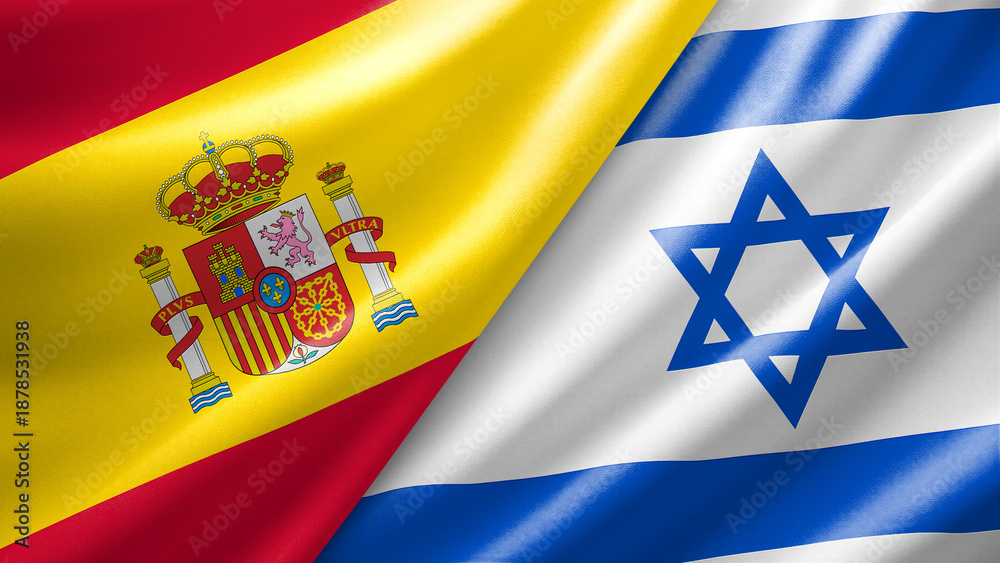 Fototapeta premium Spain and Israel two national flags filling the entire frame, close-up view, edge-to-edge composition