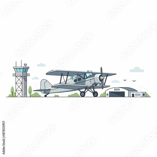 A vintage airplane is parked near a control tower and hangar at a small airport on a sunny day