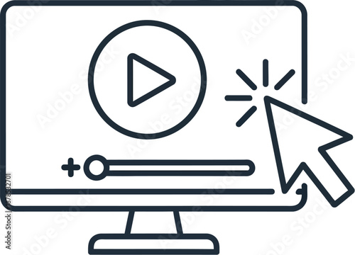 Outline icon illustrating the concept of clicking a play button on a computer monitor interface to begin digital video content playback or stream media