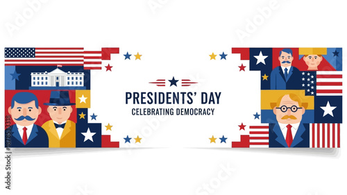 A patriotic mosaic border of cartoon US presidents, flags, and the White House frames a central white text space for celebrating democracy and Presidents Day banner