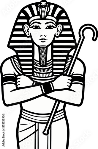 Standing Ancient Egyptian Pharaoh Line Art Vector with Crook and Flail in Bold Black Outlines