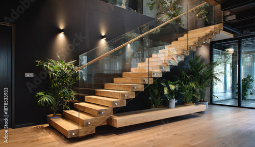 Modern interior staircase with wooden treads and glass balustrade surrounded by lush green potted plants in modern structure