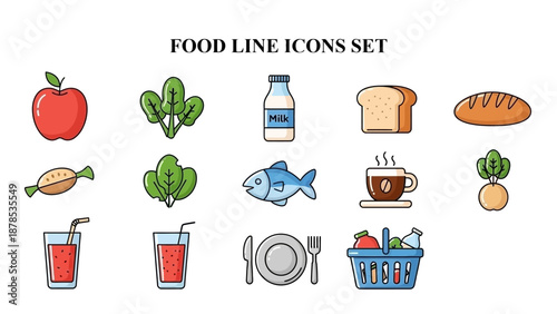 A colorful set of isolated food line icons representing healthy eating, beverages, and grocery shopping concepts effectively.