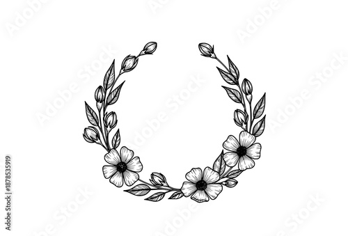 Hand drawn linen flower wreath frame in black and white botanical vector style